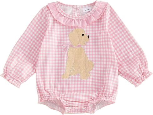 Newborn Baby Girl Clothes Puppy Dog Embroidery Bubble Romper Fall Outfit | Newborn Baby Girl Clothes Long Sleeve Puppy Dog Embroidery Plaid Bubble Onesie Romper Fall Winter Outfit in Kuwait