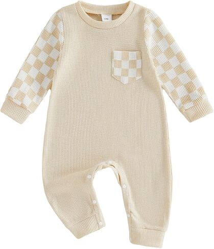 Newborn Baby Girl Fall Outfit Romper Long Sleeve Plaid Print Patchwork Jumpsuits Cute Infant Waffle Clothes in Kuwait