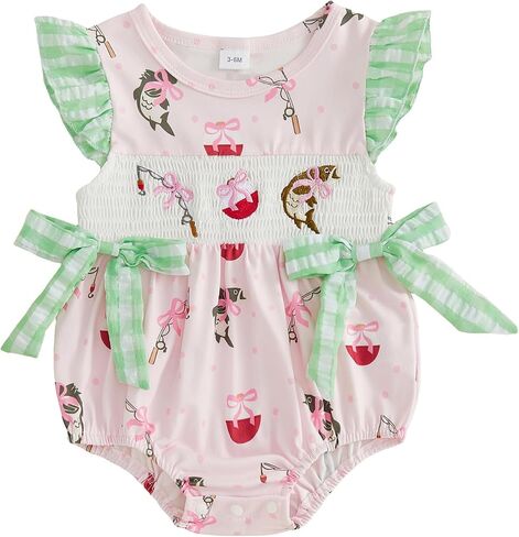 Newborn Baby Girl Fishing Outfit Fish Onesie Ruffle Sleeveless Smocked Bubble Romper Bodysuit Infant Summer Clothes in Kuwait