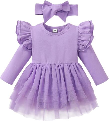 Baby Girls Tulle Romper Ruffle Long Sleeve Tutu Dress 0-18M | Soft Cotton Blend, Bodysuit Tulle Skirt, Snap Crotch, Headband as Bow Hair Tie or Waist Belt, Daily Wear, Party, Holiday in Kuwait