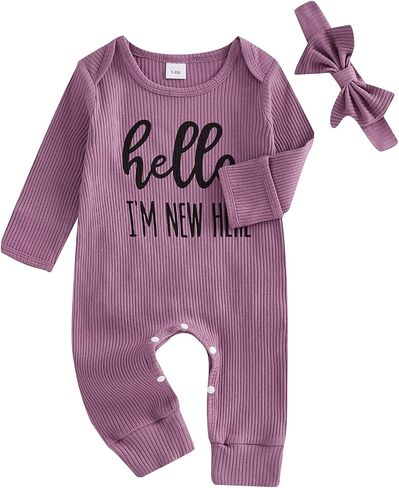 Sejardin Newborn Infant Baby Girl Jumpsuit Fall Clothes Letter Print Long Sleeve Crew Neck Romper with Headband in Kuwait