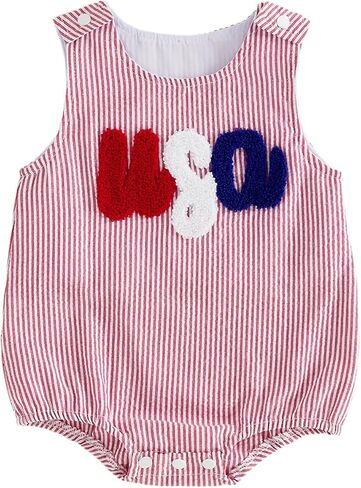 Newborn Baby Boy Girl 4th of July Outfit USA Flag Bubble Romper Sleeveless Striped Bodysuit Infant Patriotic Clothes in Kuwait