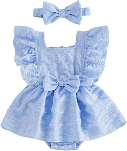Newborn Baby Girls Summer Clothes Bow Ruffle Bubble Romper Jumpsuit Bodysuit Tutu Dresses Headband Infant Outfits in Kuwait