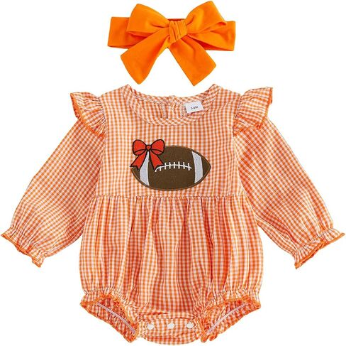Seyurigaoka Newborn Baby Girl Football Bubble Romper Smocked Clothes 0-18M | Long Sleeve Plaid Football Onesies, Ruffle Design, Game Day Clothes, Infant Fall Winter Outfits in Kuwait