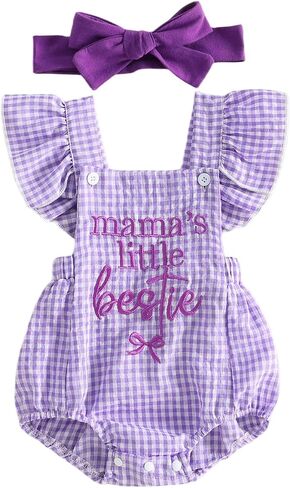 Mamas Little Bestie Baby Girl Romper Ruffle Flutter Sleeve Pink Gingham Bodysuit Bow Cute Infant Summer Outfit 0-18M in Kuwait