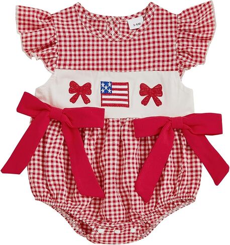 Sujhwsx Baby Girl 4th Of July Outfit Flag Embroidery Fly Sleeve Smocked Romper Independence Day Patriotic Jumpsuit in Kuwait