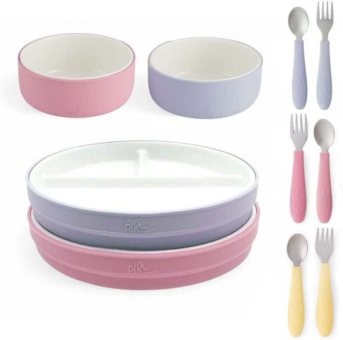 Elk and Friends Kids Porcelain Mealtime Bundle | 10 Pcs Dinnerware Set | Plates Bowls & Toddler Utensils | Microwave & Dishwasher Safe in Kuwait