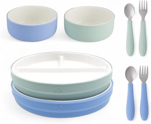 Elk and Friends Kids Porcelain Mealtime Bundle | 10 Pcs Dinnerware Set | Plates Bowls & Toddler Utensils | Microwave & Dishwasher Safe in Kuwait