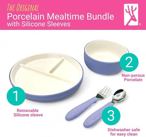 Elk and Friends Kids Porcelain Mealtime Bundle | 10 Pcs Dinnerware Set | Plates Bowls & Toddler Utensils | Microwave & Dishwasher Safe in Kuwait