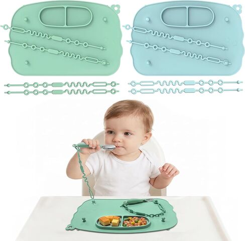 2-Pack Silicone Baby Mats with 8 Stretchable Straps & Suction Cups | Baby-Led Weaning, Foldable, Dishwasher Safe, Secures Toys Off Floor, Restaurant/Travel, BPA-Free, Smooth-Surface Suction in Kuwait