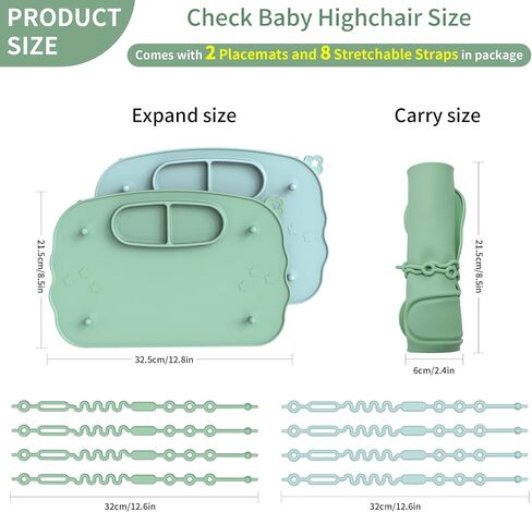 2-Pack Silicone Baby Mats with 8 Stretchable Straps & Suction Cups | Baby-Led Weaning, Foldable, Dishwasher Safe, Secures Toys Off Floor, Restaurant/Travel, BPA-Free, Smooth-Surface Suction in Kuwait