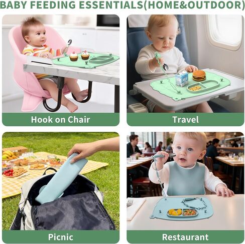 2-Pack Silicone Baby Mats with 8 Stretchable Straps & Suction Cups | Baby-Led Weaning, Foldable, Dishwasher Safe, Secures Toys Off Floor, Restaurant/Travel, BPA-Free, Smooth-Surface Suction in Kuwait