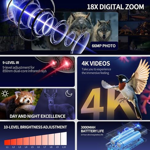 4K& 66MP Night Vision Monocular, Dual IR Infrared Monocular with 18X Digital Zoom, 3000mAh Rechargeable Battery,32GB SD Card & Card Reader, Portable for Camping Wildlife Watching Home Security in Kuwait