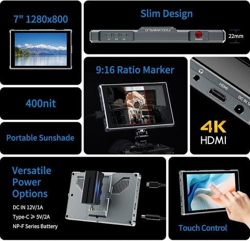 FEELWORLD FW759 PRO 7" 4K HDMI Camera Monitor, 22mm Ultra Thin 300g Lightweight, 1280x800 IPS Touch Screen, w/ F550 Battery & Bag, 9:16 Vertical Marker for DSLR in Kuwait