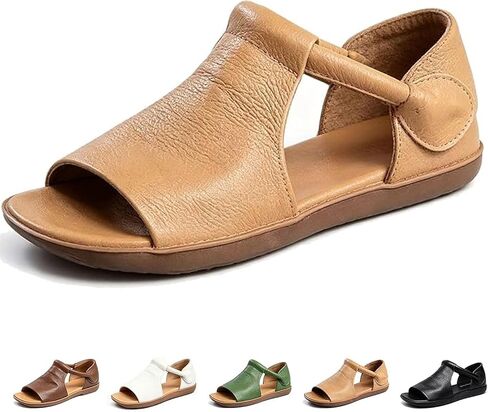 Women Pebbled Leather Open Toe Ankle Strap Flat Sandals | Casual Summer Anti-Slip Sandals Vintage Beach Party Camping Shoes in Kuwait