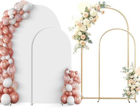 Arch Backdrop Stand Set of 2 With Beige Cover (7.2FT+6FT) | Gold Metal Wedding Balloon Arch With Stable Base,Elegant Decor for Party,Birthday,Baby Shower,Graduation,Easy to Assemble in Kuwait