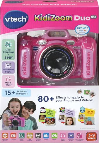 VTech KidiZoom Duo FX, Kids Camera with Colour Screen, 8MP, Photos, Selfies & Videos, AR Filters, 20 Games, 75 Photo & Video Effects, Filters & Frames, for Infants Aged 3, 4, 5, 6, 7 + Years, Pink in Kuwait