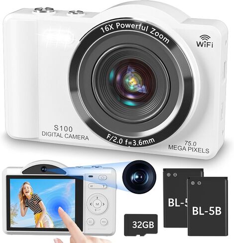 4K Digital Camera for Photography, Vlogging Cameras for YouTube with WiFi, Autofocus Touchscreen Point and Shoot Digital Camera for Beginner with 16X Zoom, 32GB Card, 2 Batteries, White in Kuwait