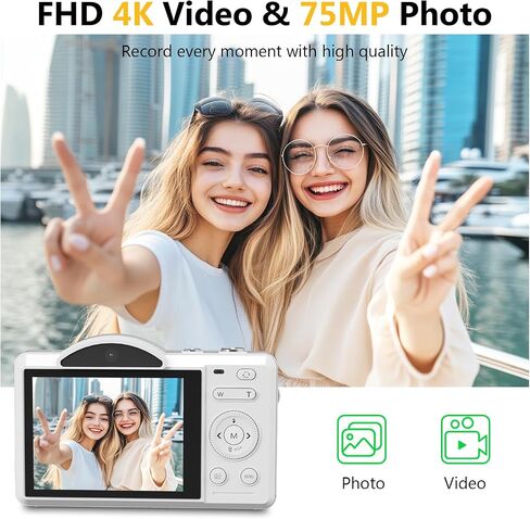 4K Digital Camera for Photography, Vlogging Cameras for YouTube with WiFi, Autofocus Touchscreen Point and Shoot Digital Camera for Beginner with 16X Zoom, 32GB Card, 2 Batteries, White in Kuwait
