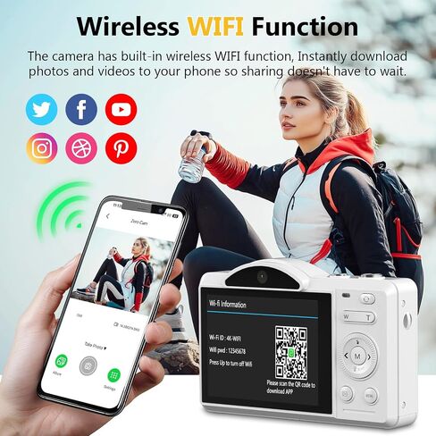 4K Digital Camera for Photography, Vlogging Cameras for YouTube with WiFi, Autofocus Touchscreen Point and Shoot Digital Camera for Beginner with 16X Zoom, 32GB Card, 2 Batteries, White in Kuwait