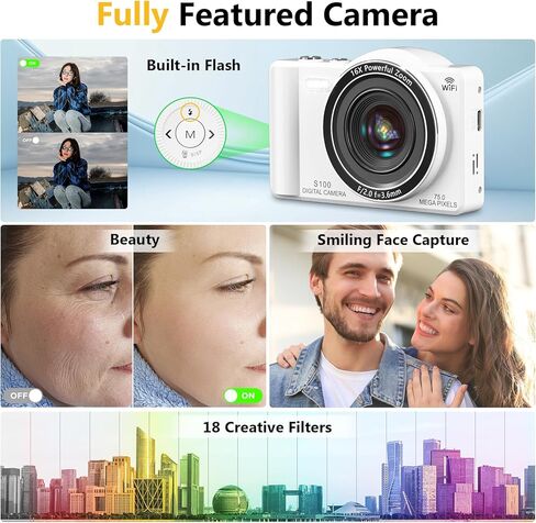 4K Digital Camera for Photography, Vlogging Cameras for YouTube with WiFi, Autofocus Touchscreen Point and Shoot Digital Camera for Beginner with 16X Zoom, 32GB Card, 2 Batteries, White in Kuwait