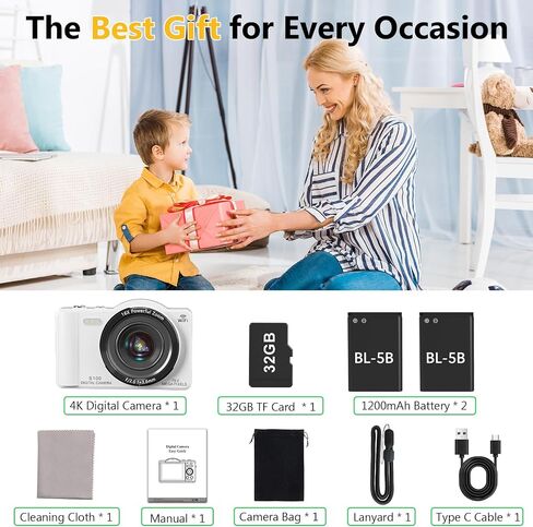 4K Digital Camera for Photography, Vlogging Cameras for YouTube with WiFi, Autofocus Touchscreen Point and Shoot Digital Camera for Beginner with 16X Zoom, 32GB Card, 2 Batteries, White in Kuwait