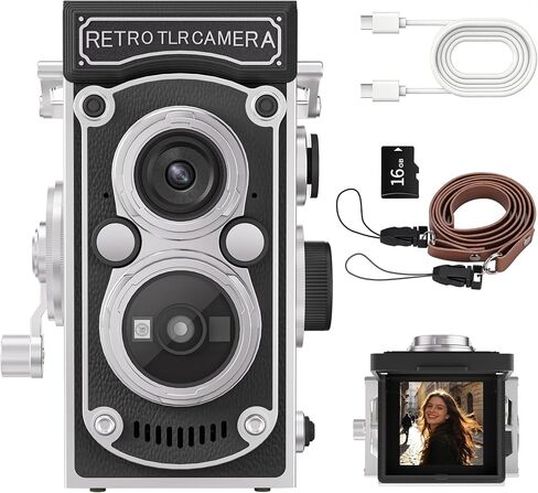 Mini Retro TLR Digital Camera, Portable 24MP 1080P FHD Vintage Point and Shoot Pocket Travel Camera with Twin Lens, Autofocus, 16X Digital Zoom, 16GB Card, for Beginners, Teens & Adults - Red in Kuwait