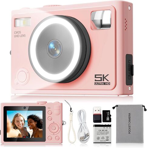 5K 64MP Autofocus Digital Camera, 360° Ring Light with 32GB SD Card | Dual front & rear cameras with 5 instant filters | One‑click skin smoothing | Pocket‑sized | 64MP stills capability in Kuwait