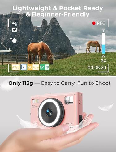 5K 64MP Autofocus Digital Camera, 360° Ring Light with 32GB SD Card | Dual front & rear cameras with 5 instant filters | One‑click skin smoothing | Pocket‑sized | 64MP stills capability in Kuwait