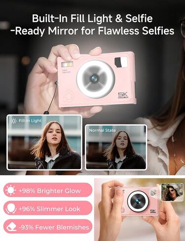 5K 64MP Autofocus Digital Camera, 360° Ring Light with 32GB SD Card | Dual front & rear cameras with 5 instant filters | One‑click skin smoothing | Pocket‑sized | 64MP stills capability in Kuwait