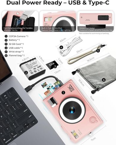 5K 64MP Autofocus Digital Camera, 360° Ring Light with 32GB SD Card | Dual front & rear cameras with 5 instant filters | One‑click skin smoothing | Pocket‑sized | 64MP stills capability in Kuwait