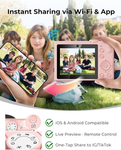 5K 64MP Autofocus Digital Camera, 360° Ring Light with 32GB SD Card | Dual front & rear cameras with 5 instant filters | One‑click skin smoothing | Pocket‑sized | 64MP stills capability in Kuwait