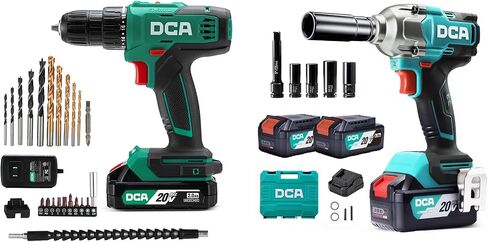 DCA Cordless Drill Set, 354 in-lbs Torque, 3/8" Keyless Chuck and DCA Cordless Impact Wrench 1/2 INCH, Max 503Ft-lbs/682N.m Brushless Impact Gun, 2.0Ah Battery and 2 * 4.0Ah Battery in Kuwait