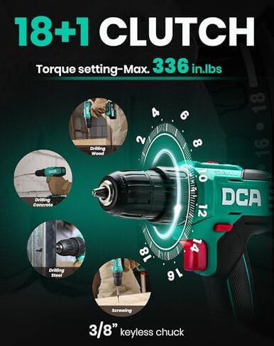DCA Cordless Drill Set, 354 in-lbs Torque, 3/8" Keyless Chuck and DCA Cordless Impact Wrench 1/2 INCH, Max 503Ft-lbs/682N.m Brushless Impact Gun, 2.0Ah Battery and 2 * 4.0Ah Battery in Kuwait