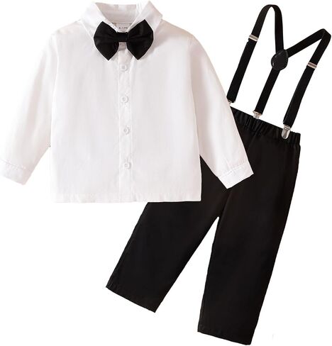 Toddler Boys Formal Suit Long Sleeve Suspender Pants | Solid Shirt, Bowtie, Little Gentleman Wedding Outfits Clothes in Kuwait