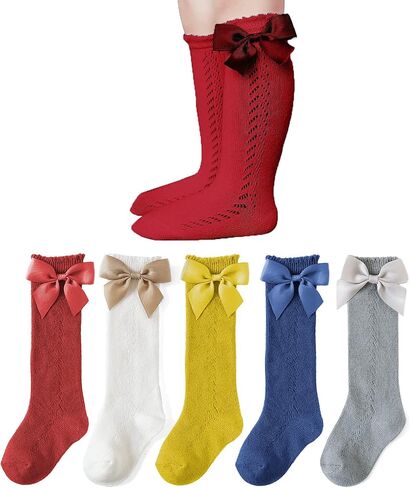 EPEIUS Baby Girl Knee High Socks with Bow, Ruffle Cotton Long Socks | Cute ruffle lace bow baby knee high socks. Soft stretch stay up kids school uniform dress stockings 3/5/6 pack, ages 0-10. in Kuwait