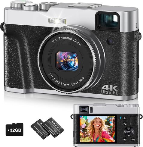 4K Digital Camera for Photography, 48MP Autofocus Vlogging Cameras with 16X Digital Zoom, 2.8" LCD Point and Shoot Camera for YouTube, Anti-Shake Compact Cameras with 32GB Micro SD Card & 2 Batteries in Kuwait