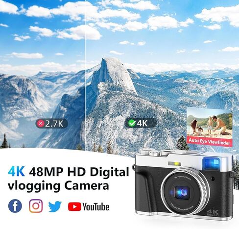 4K Digital Camera for Photography, 48MP Autofocus Vlogging Cameras with 16X Digital Zoom, 2.8" LCD Point and Shoot Camera for YouTube, Anti-Shake Compact Cameras with 32GB Micro SD Card & 2 Batteries in Kuwait