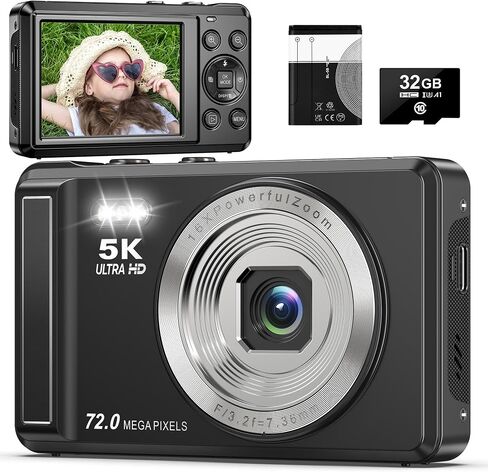5K Digital Camera with 16X Zoom, 2.8" Screen Compact Portable Vlogging Camara with 32GB, 72MP UHD Digital Cameras for Photography in Kuwait