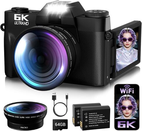 6K Digital Camera for Photography Autofocus, 2026 Upgraded 64MP WiFi Vlogging Camera for YouTube with 3" 180° Flip Screen 16X Zoom, 64GB SD Card & 2 Batteries Compact Travel Camera for Beginners Teens in Kuwait