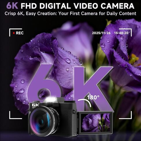 6K Digital Camera for Photography Autofocus, 2026 Upgraded 64MP WiFi Vlogging Camera for YouTube with 3" 180° Flip Screen 16X Zoom, 64GB SD Card & 2 Batteries Compact Travel Camera for Beginners Teens in Kuwait