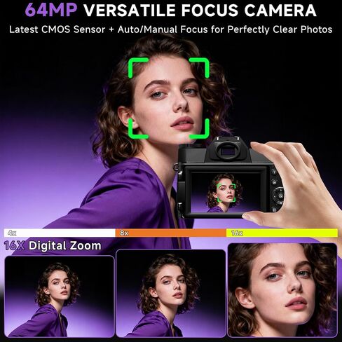 6K Digital Camera for Photography Autofocus, 2026 Upgraded 64MP WiFi Vlogging Camera for YouTube with 3" 180° Flip Screen 16X Zoom, 64GB SD Card & 2 Batteries Compact Travel Camera for Beginners Teens in Kuwait