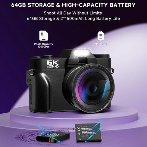 6K Digital Camera for Photography Autofocus, 2026 Upgraded 64MP WiFi Vlogging Camera for YouTube with 3" 180° Flip Screen 16X Zoom, 64GB SD Card & 2 Batteries Compact Travel Camera for Beginners Teens in Kuwait