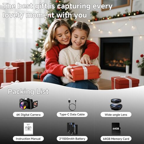 6K Digital Camera for Photography Autofocus, 2026 Upgraded 64MP WiFi Vlogging Camera for YouTube with 3" 180° Flip Screen 16X Zoom, 64GB SD Card & 2 Batteries Compact Travel Camera for Beginners Teens in Kuwait