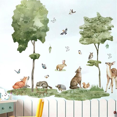 Safari Nursery Decor Jungle Animals Trees Wall Decals Deer Wolf Rabbit Wall Stickers Baby Kids Girls Bedroom Living Room Wall Decor in Kuwait