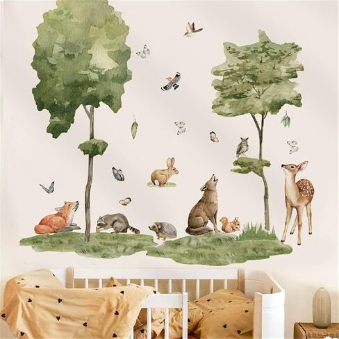 Safari Nursery Decor Jungle Animals Trees Wall Decals Deer Wolf Rabbit Wall Stickers Baby Kids Girls Bedroom Living Room Wall Decor in Kuwait