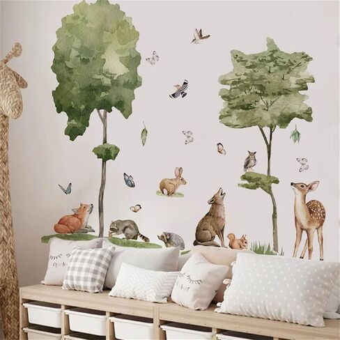 Safari Nursery Decor Jungle Animals Trees Wall Decals Deer Wolf Rabbit Wall Stickers Baby Kids Girls Bedroom Living Room Wall Decor in Kuwait