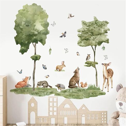Safari Nursery Decor Jungle Animals Trees Wall Decals Deer Wolf Rabbit Wall Stickers Baby Kids Girls Bedroom Living Room Wall Decor in Kuwait