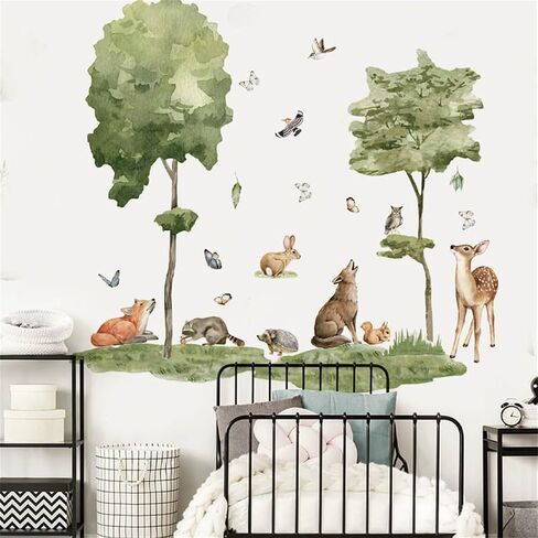 Safari Nursery Decor Jungle Animals Trees Wall Decals Deer Wolf Rabbit Wall Stickers Baby Kids Girls Bedroom Living Room Wall Decor in Kuwait