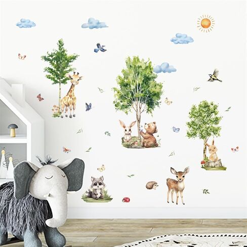 Jungle Animals Trees Wall Decals Giraffe Bear Rabbit Safari Nursery Decor Wall Stickers Baby Kids Girls Bedroom Living Room Wall Decor in Kuwait